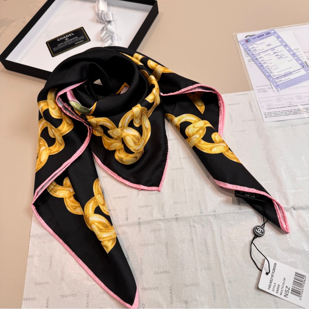 Chanel Cc Camellia & Gold Chain Silk Scarf - 100% Authentic